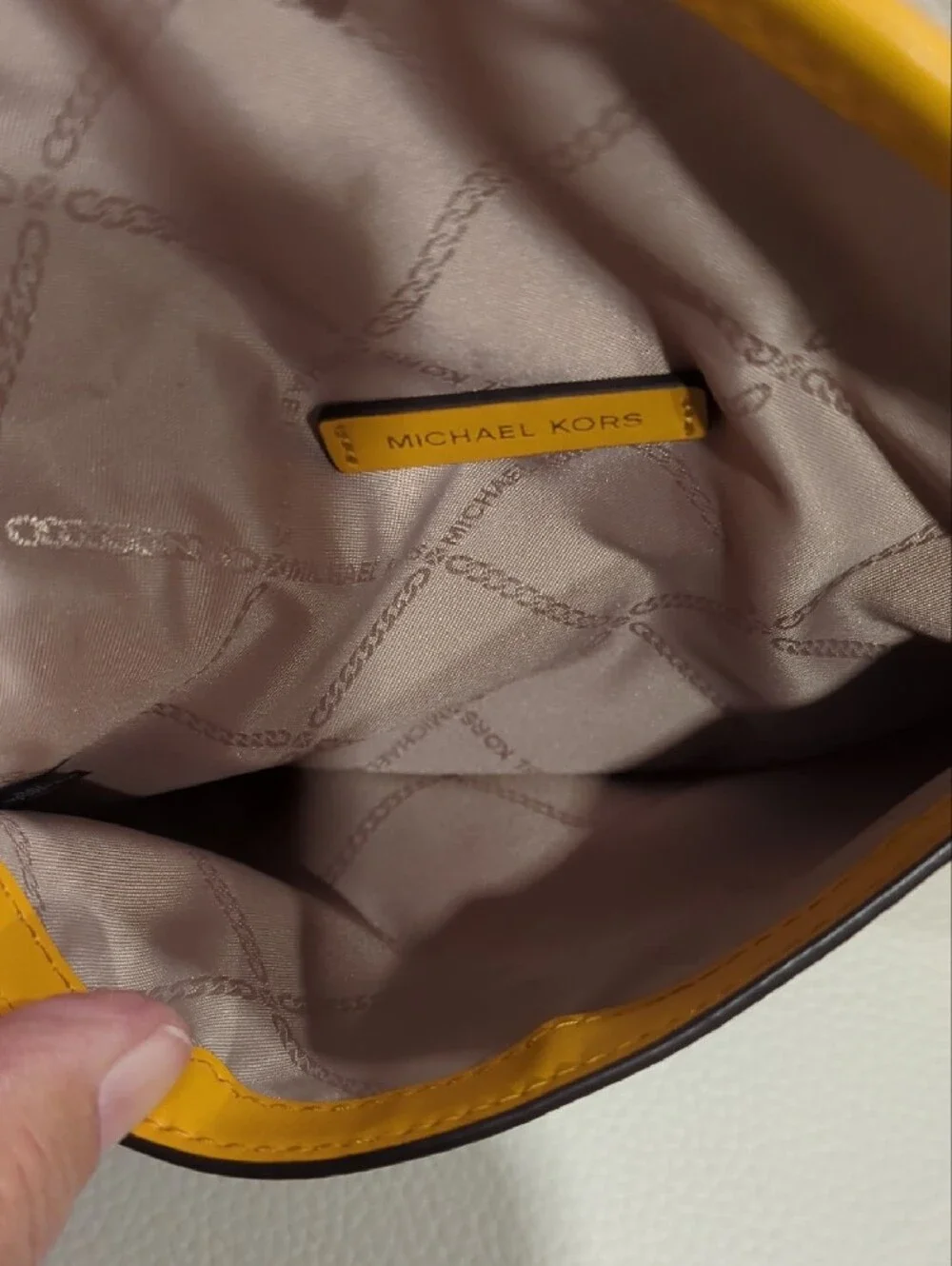 Michael Kors Beige Signature Monogram Clutch with Yellow Trim